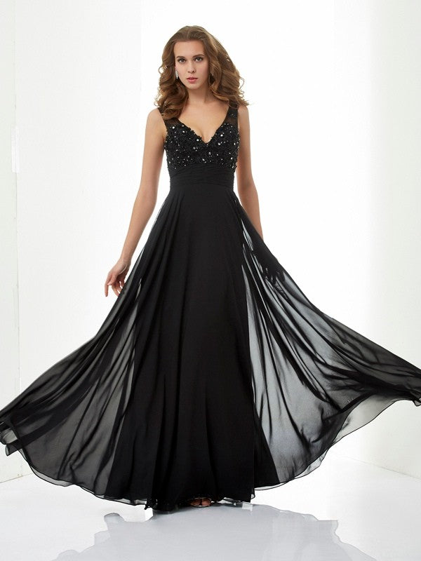 Vestidos largos de gasa con corte A/princesa, escote en V, sin mangas, con apliques de cuentas